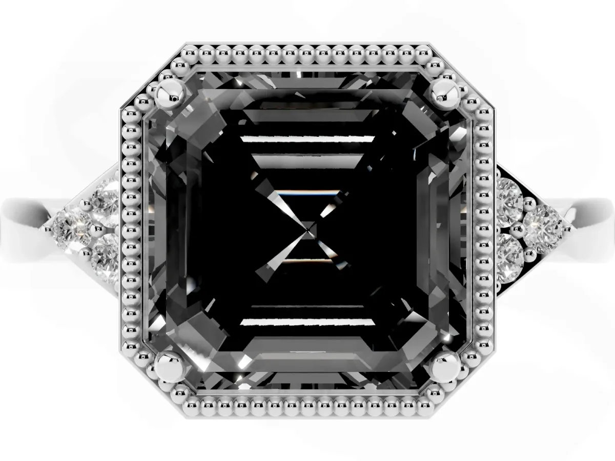 Fancy Black Hexagonal Halo Asscher Cut Diamond Solitaire with Pavé Band and Four-Prong Setting Silver