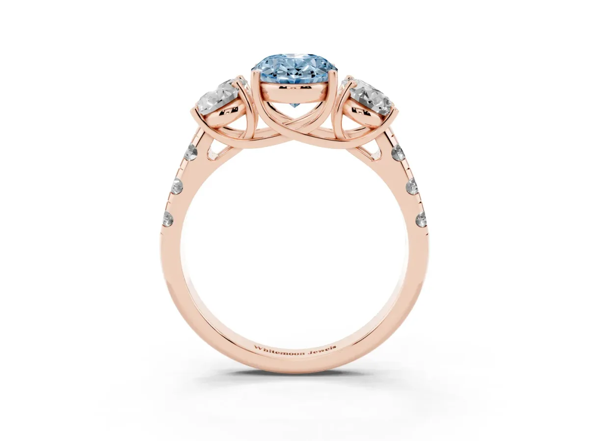 Fancy Blue Three-Stone Oval Cut Diamond Pavé Band with Prong Setting Rose gold