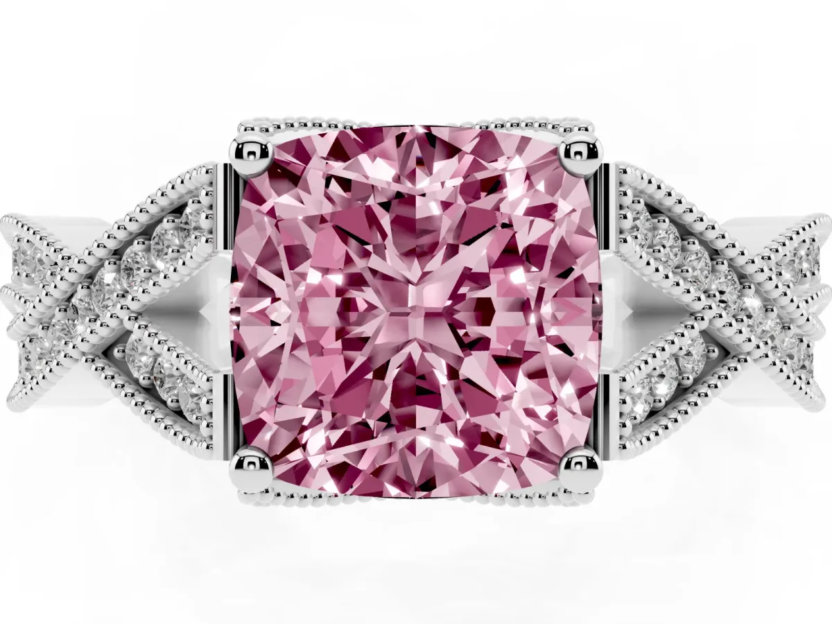 Fancy Pink Cushion Cut Cut Diamond Twisted Band with Milgrain Pave Setting and Four-Prong Setting Silver