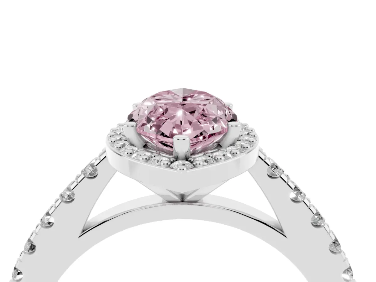 Fancy Pink Marquise Cut Cut Halo Diamond Engagement Ring with Pave Band and Four-Prong Setting White gold