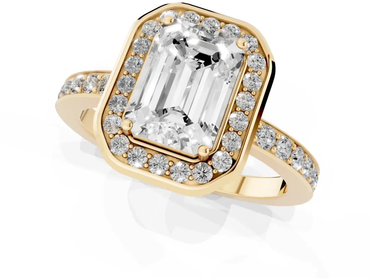 Emerald Cut Diamond Halo Ring with Bezel Frame and Pavé Band Yellow gold