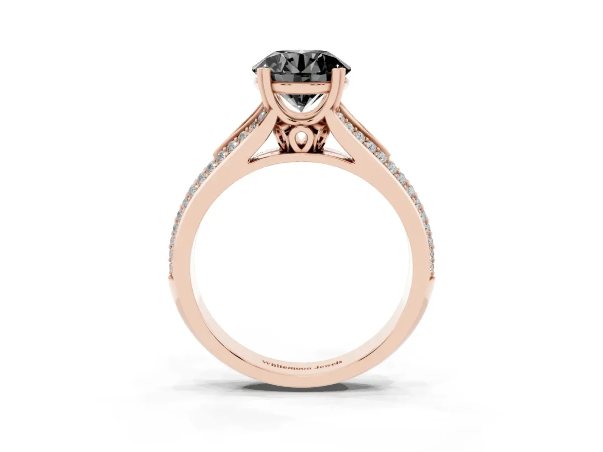 Fancy Black Round Cut Diamond Split Shank Engagement Ring with Pavé Band Rose gold