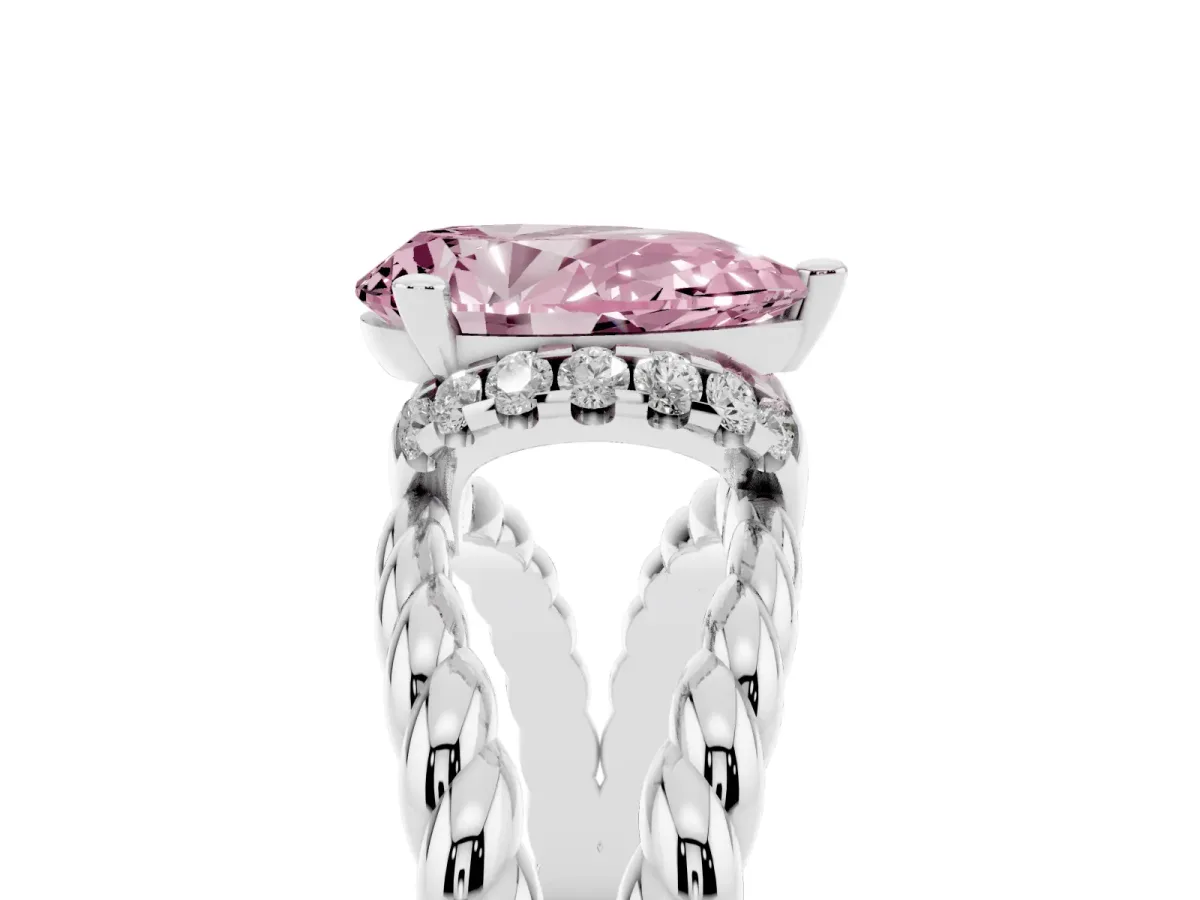 Fancy Pink Pear Cut Halo Twisted Band Four-Prong Ring Silver