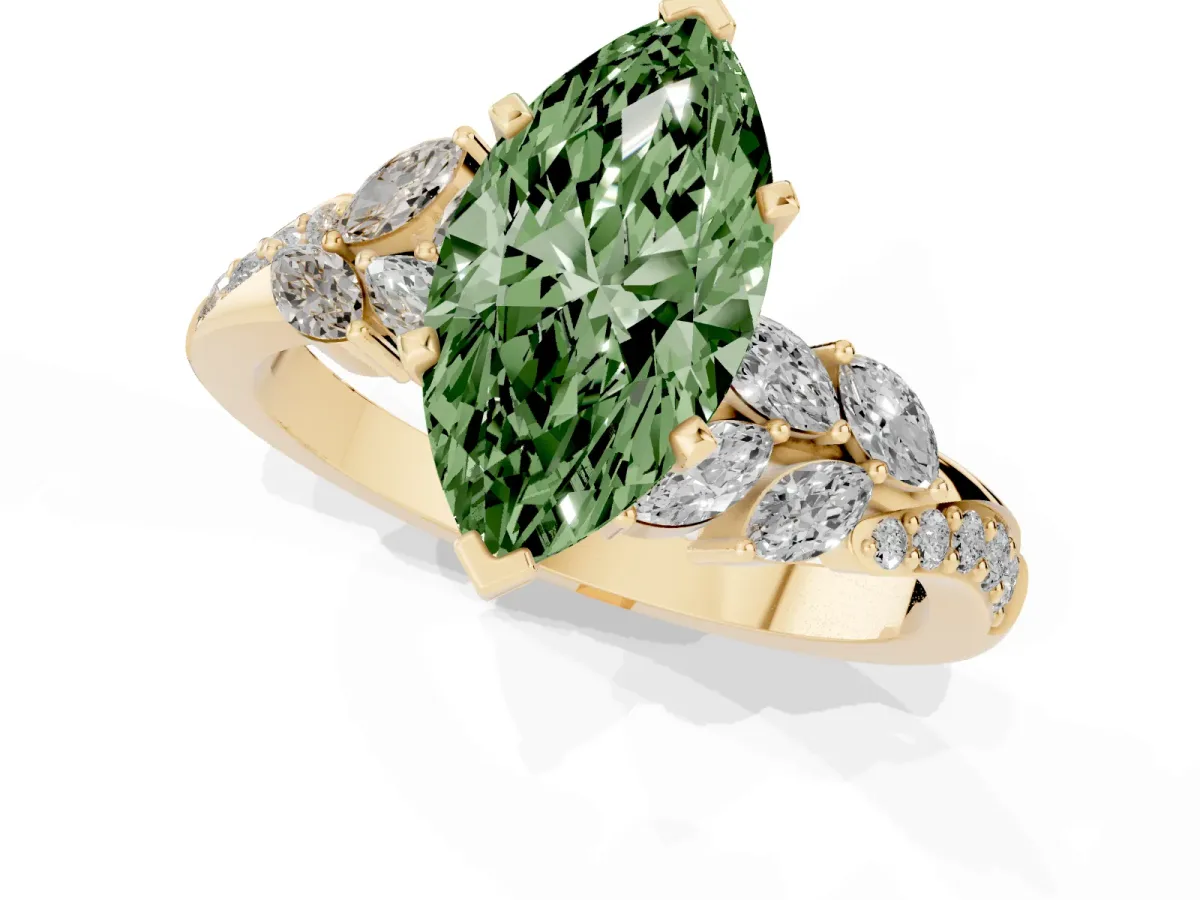 Fancy Green Marquise Cut Solitaire Marquise Twist Band with Six-Prong Setting Yellow gold