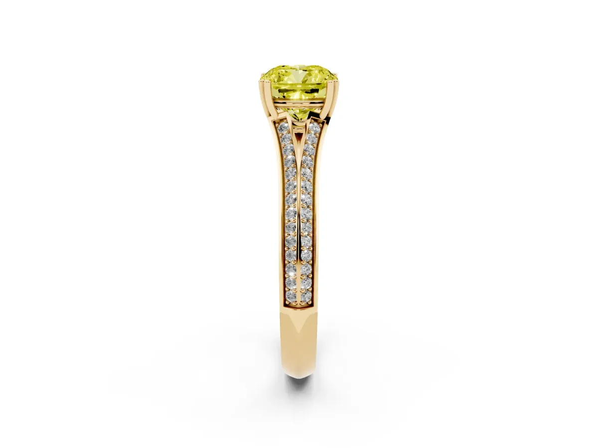Fancy Yellow Cushion Cut Diamond Split Shank Engagement Ring with Pavé Band Yellow gold