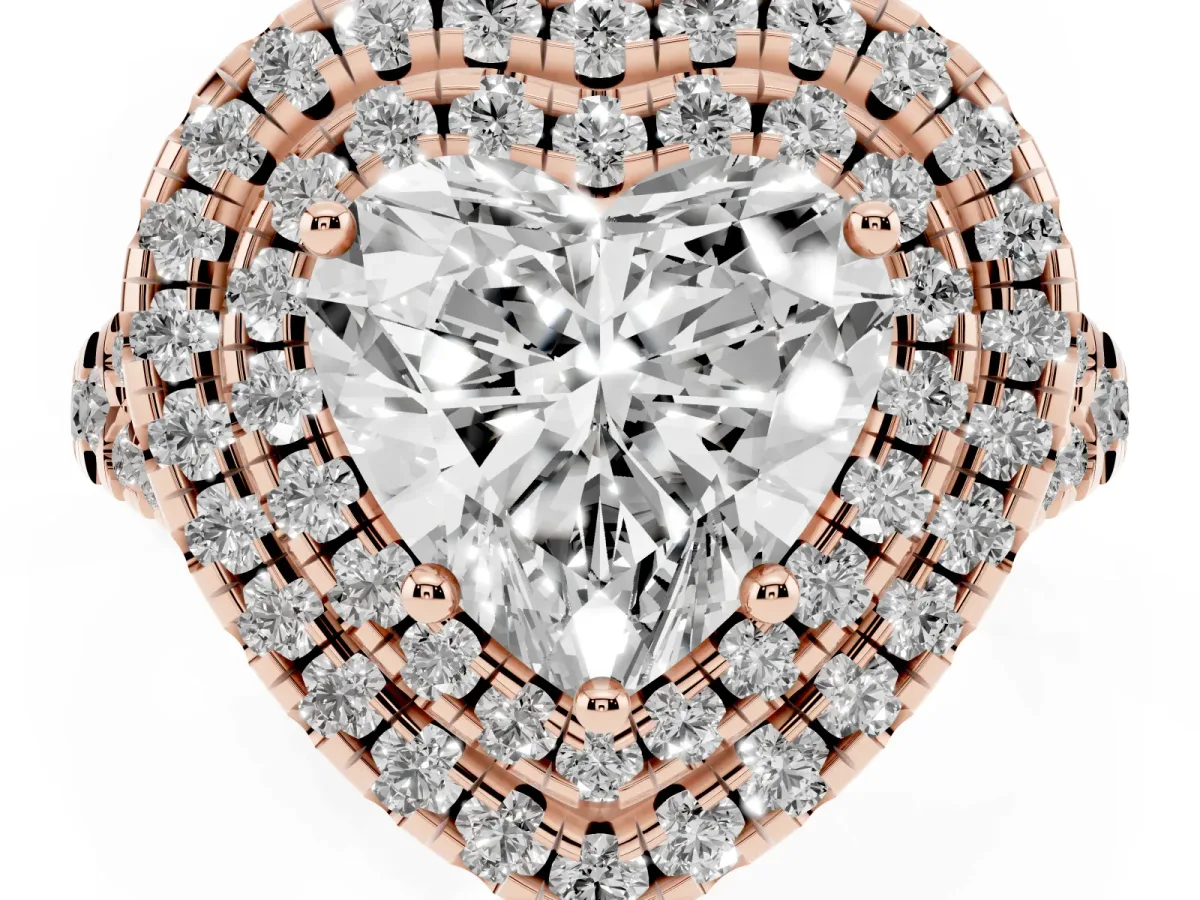 Double Halo Heart Cut Diamond Pavé Split Shank Ring with Prong Setting Rose gold