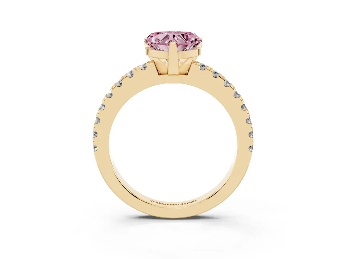 Fancy Pink Heart Cut Solitaire Diamond with Pavé Band and Four-Prong Setting Yellow gold