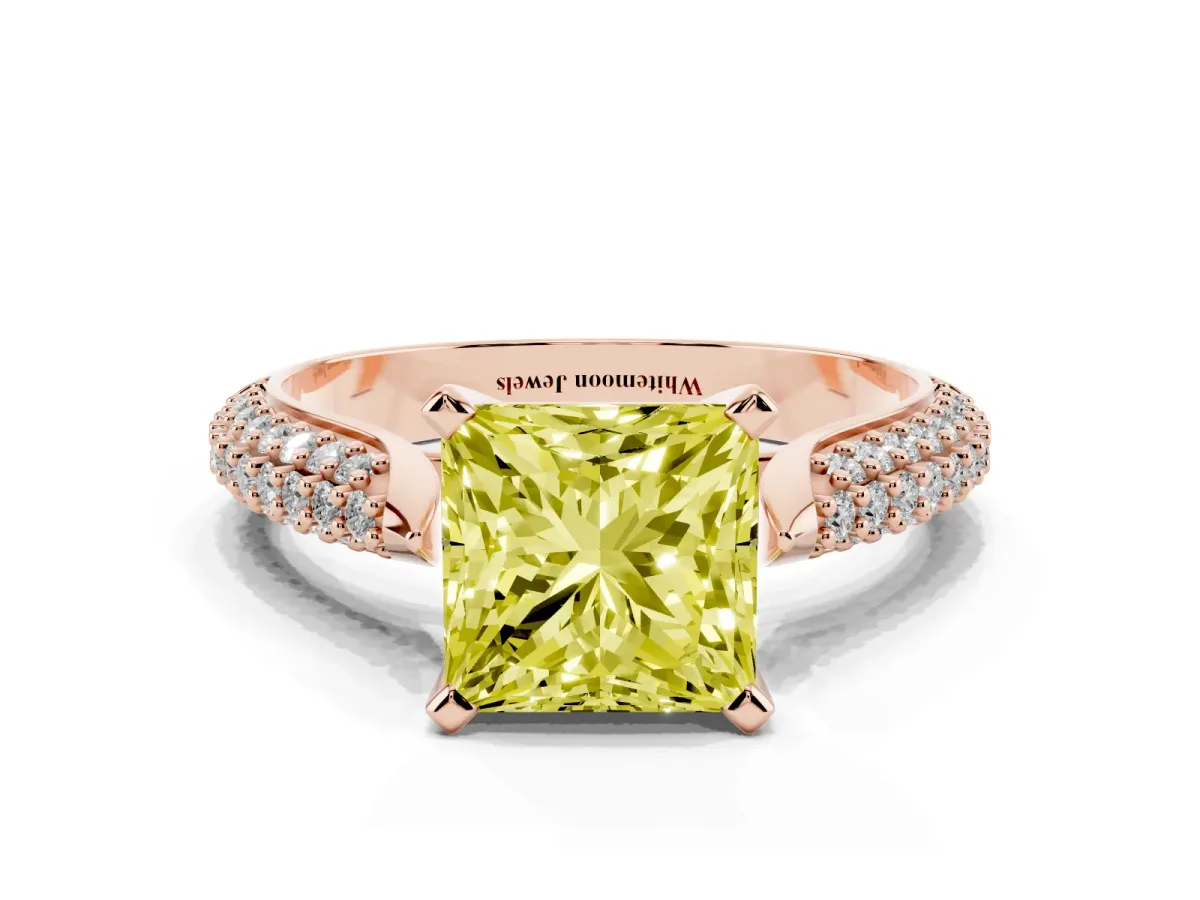 Fancy Yellow Princess Cut Diamond Solitaire Engagement Ring with Multi-Row Round Pavé Band and Prong Setting Rose gold