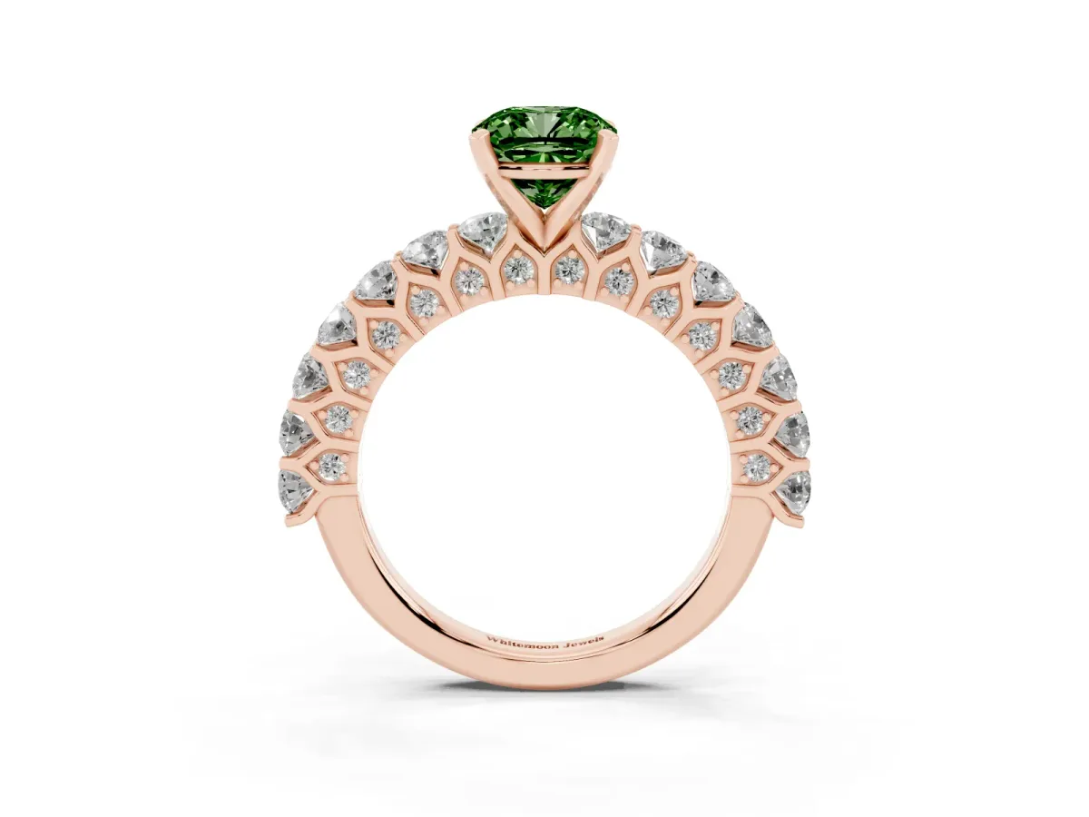 Fancy Green Cushion Cut Diamond Solitaire Ring with Shared Prong Pavé Band and Four-Prong Setting Rose gold