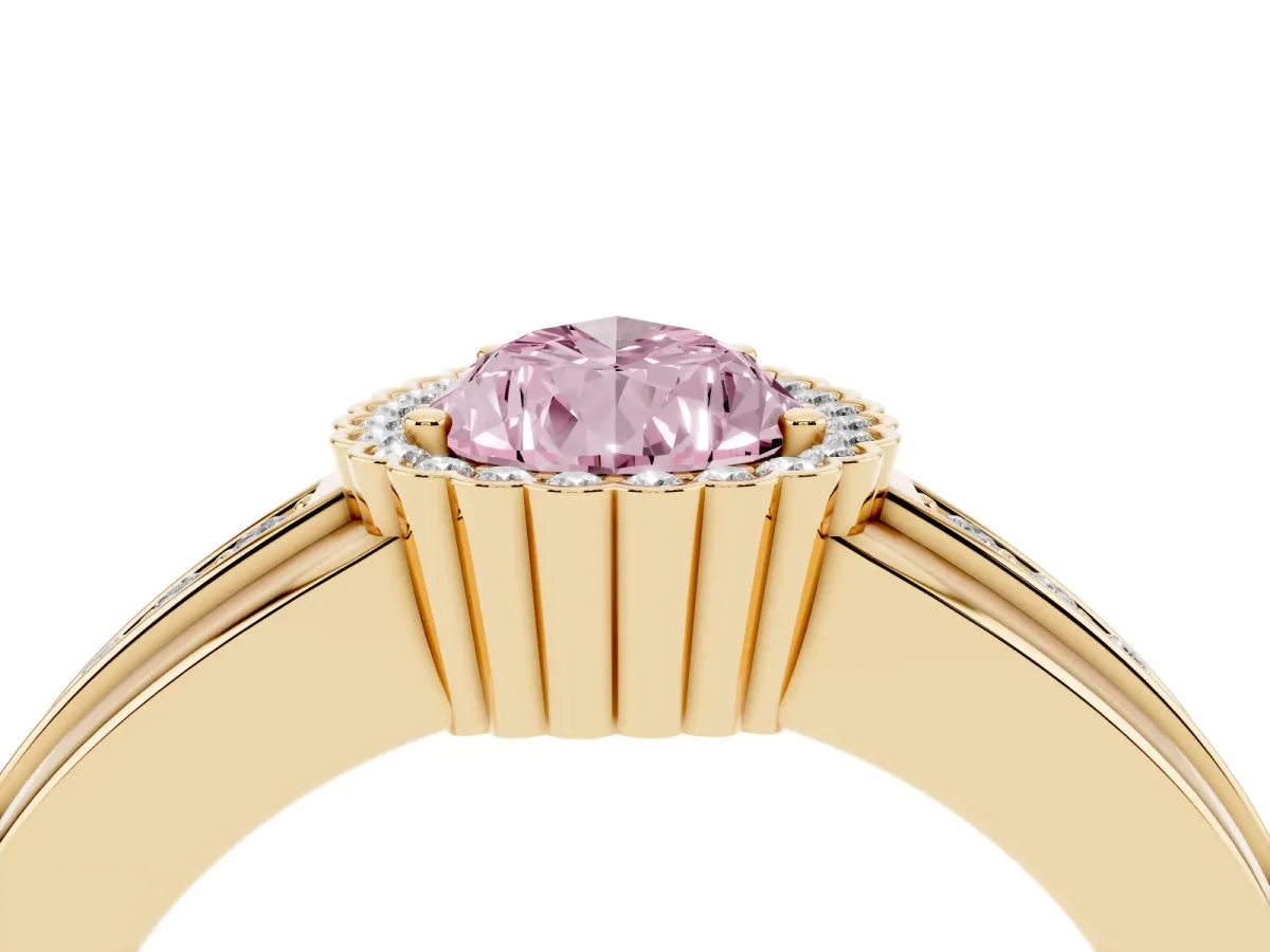 Fancy Pink Pear Cut Cut Halo Pave Band Four-Prong Ring Yellow gold