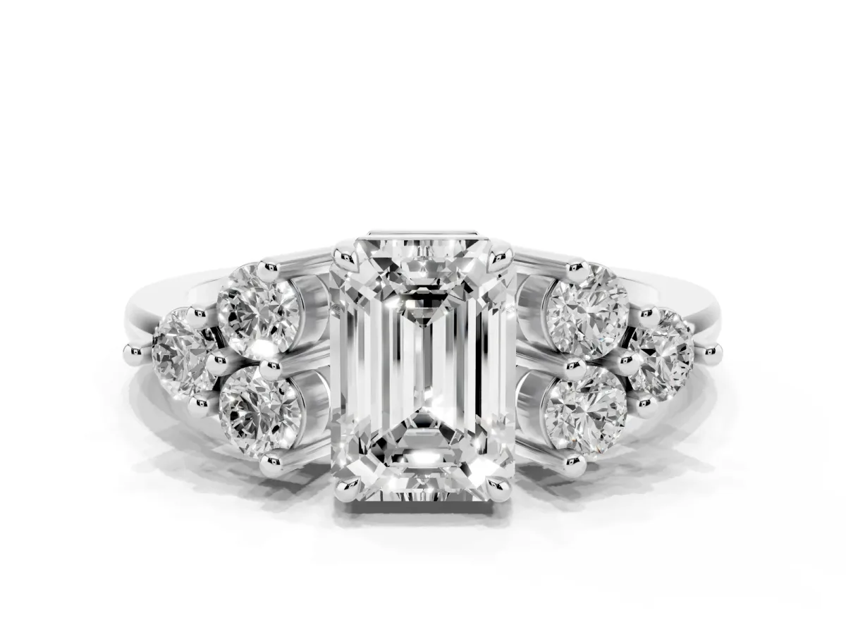 Emerald Cut Brilliant Diamond Cluster Accent Solitaire Ring with Prong Setting Silver
