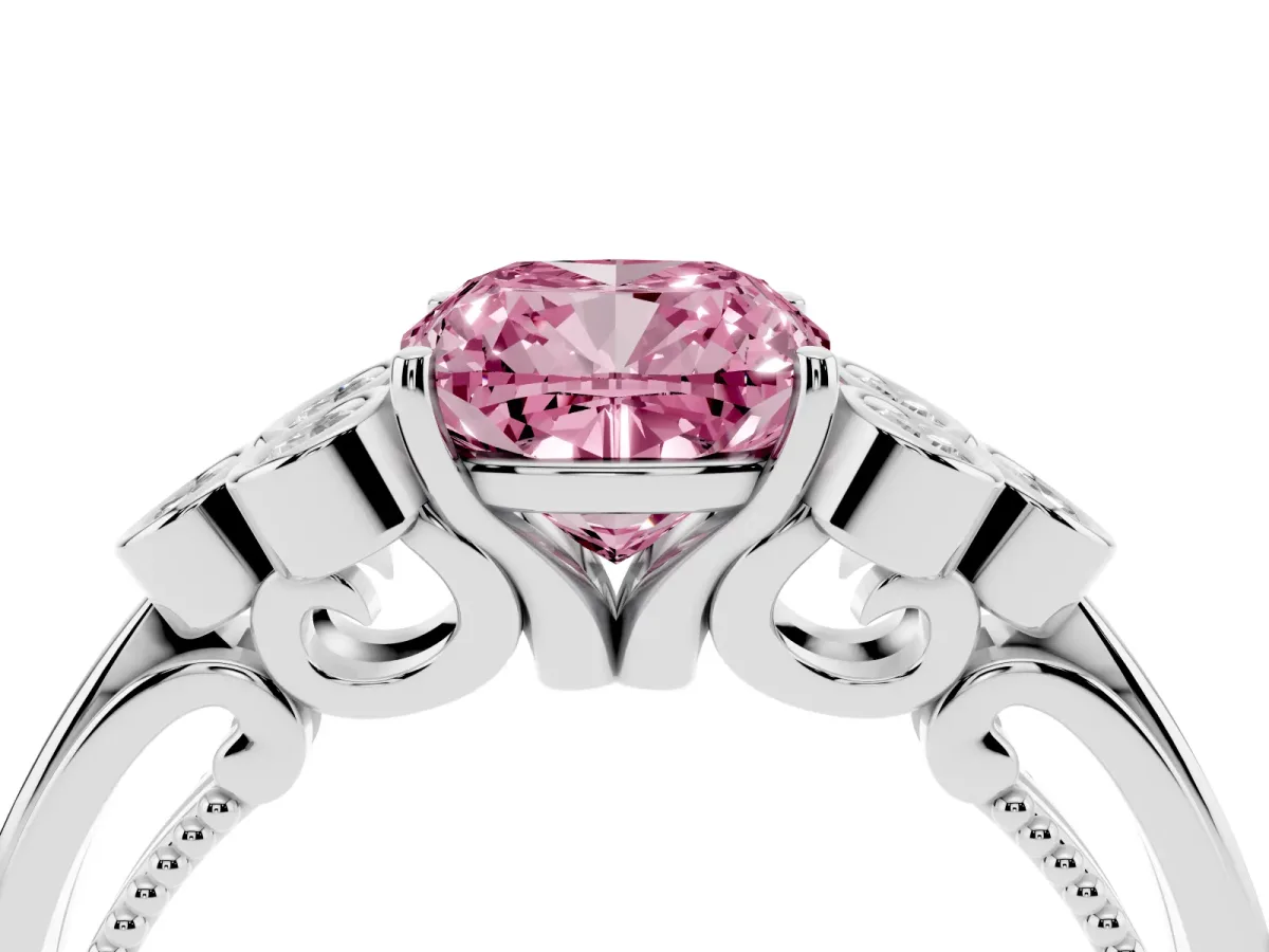 Fancy Pink Cushion Cut Cut Diamond Engagement Ring with Bezel Set Round Side Stones and Prong Setting Platinum