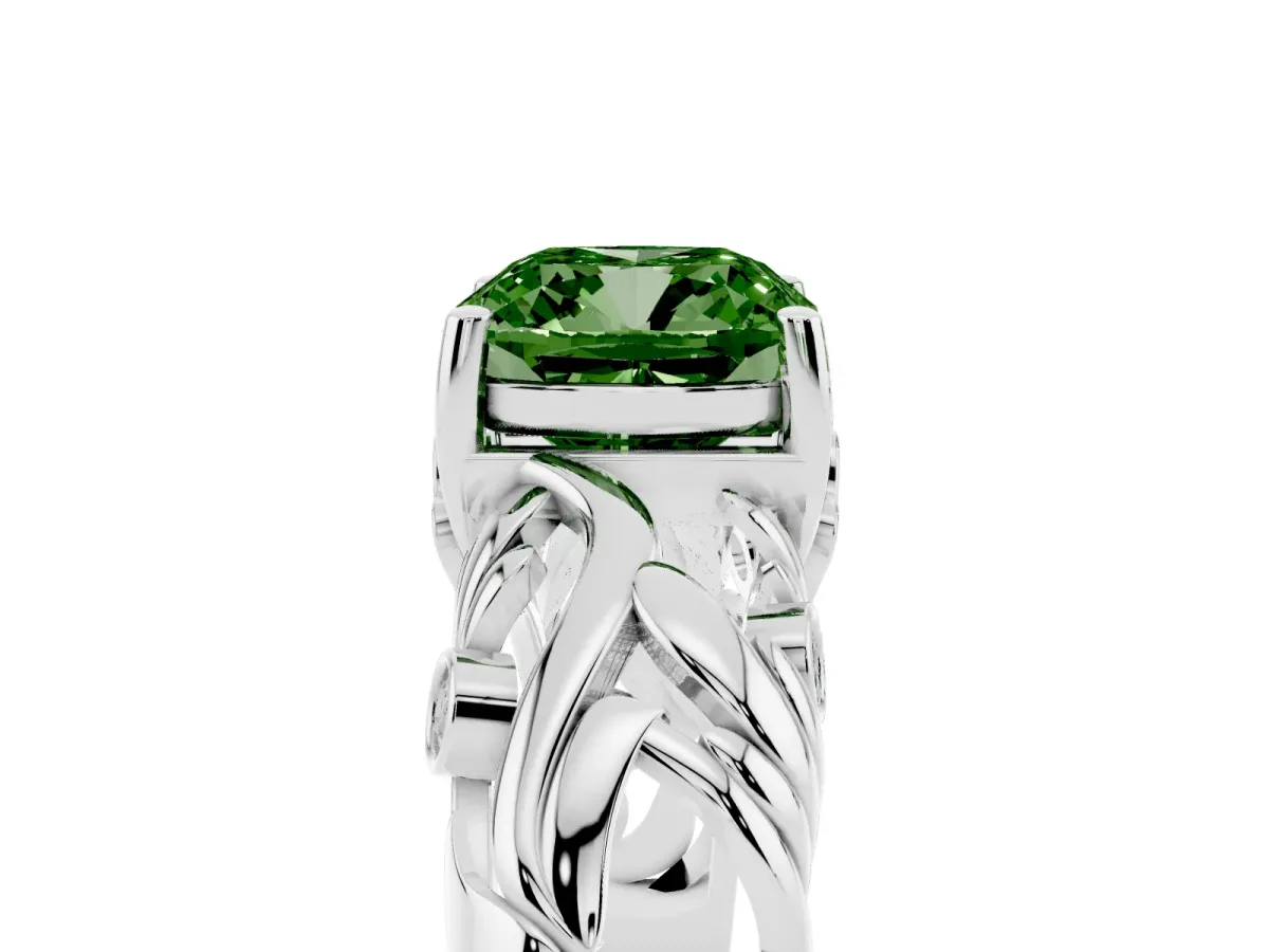 Fancy Green Cushion Cut Solitaire Diamond Leaf-Inspired Vine Band Ring with Prong Setting Platinum