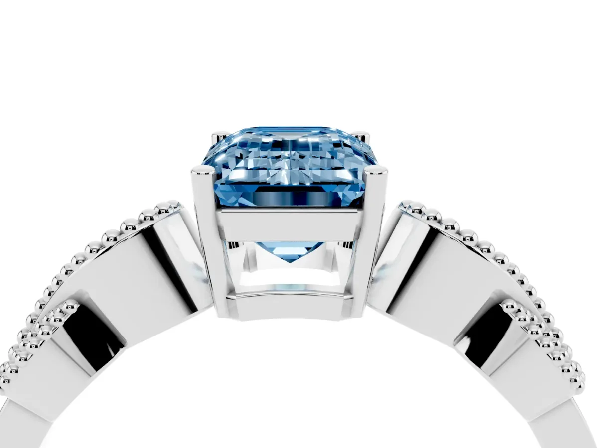 Fancy Blue Emerald Cut Solitaire Milgrain Leaf Band with Prong Setting Silver