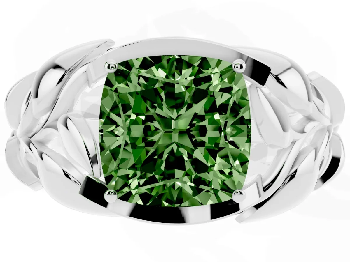 Fancy Green Cushion Cut Diamond Leaf-Inspired Engagement Ring with Round Accents and Prong Setting Platinum
