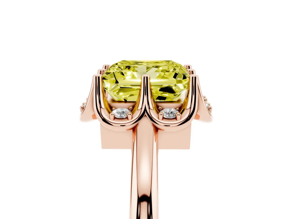 Fancy Yellow Princess Cut Halo Diamond Ring with Round Cluster Setting, Solitaire Band, and Four-Prong Setting Rose gold