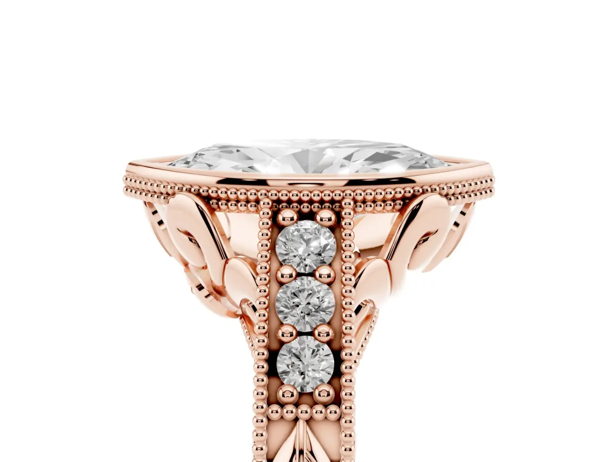 Bezel Set Marquise Cut Diamond Milgrain Pave Engagement Ring Rose gold