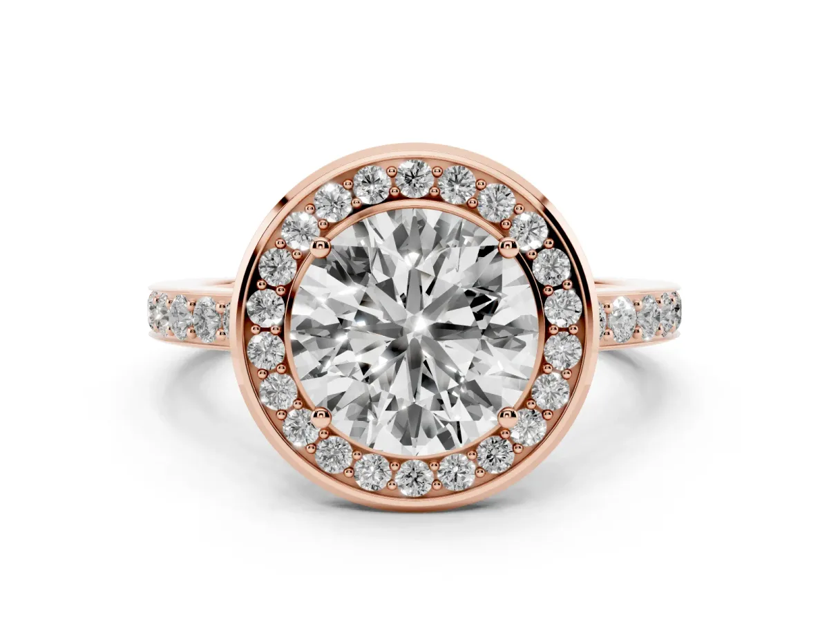 Round Cut Diamond Halo Ring with Bezel Frame and Pavé Band Rose gold