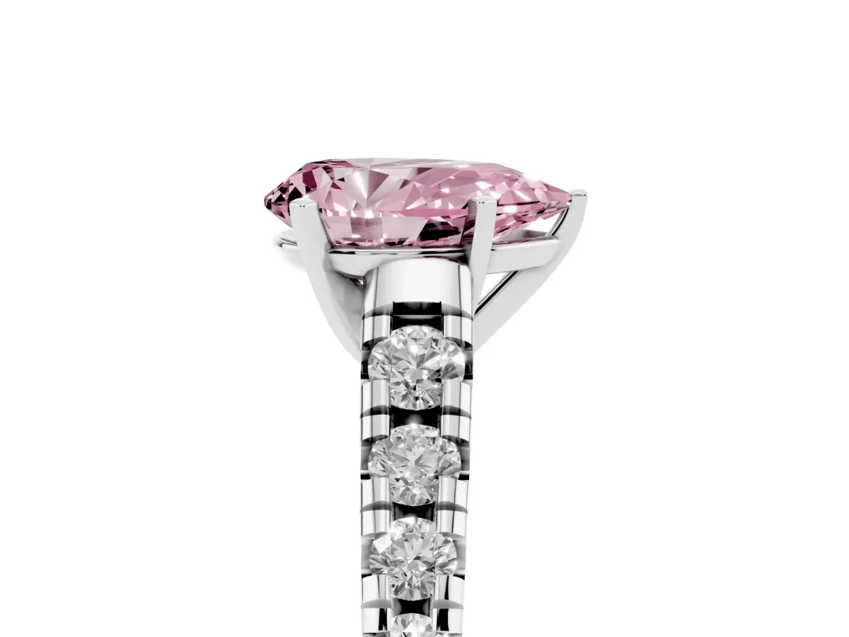 Fancy Pink Pear Cut Diamond Cathedral Solitaire Ring with Round Pavé Band Silver
