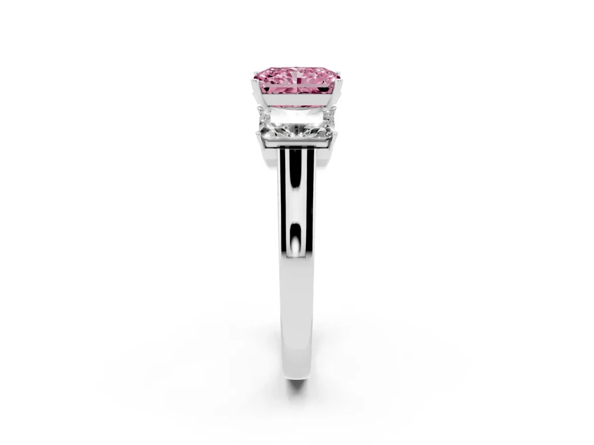 Fancy Pink Three-Stone Radiant Cut Brilliant Diamond Trellis Ring with Comfort Fit Band Silver