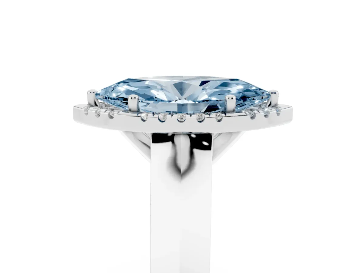 Fancy Blue Marquise Cut Halo Diamond Ring with Cathedral Band and Four-Prong Setting White gold