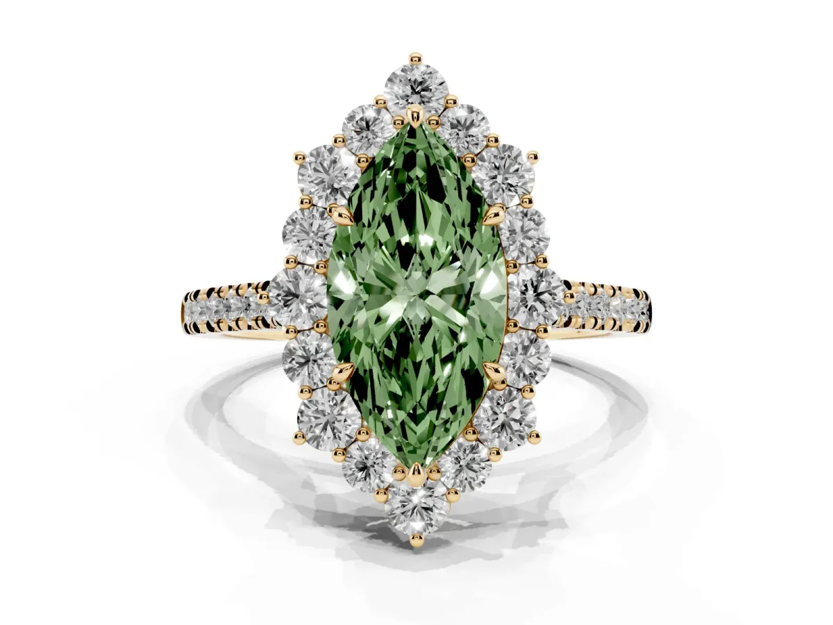 Fancy Green Marquise Cut Halo Diamond Ring with Pavé Band and Prong Setting Yellow gold