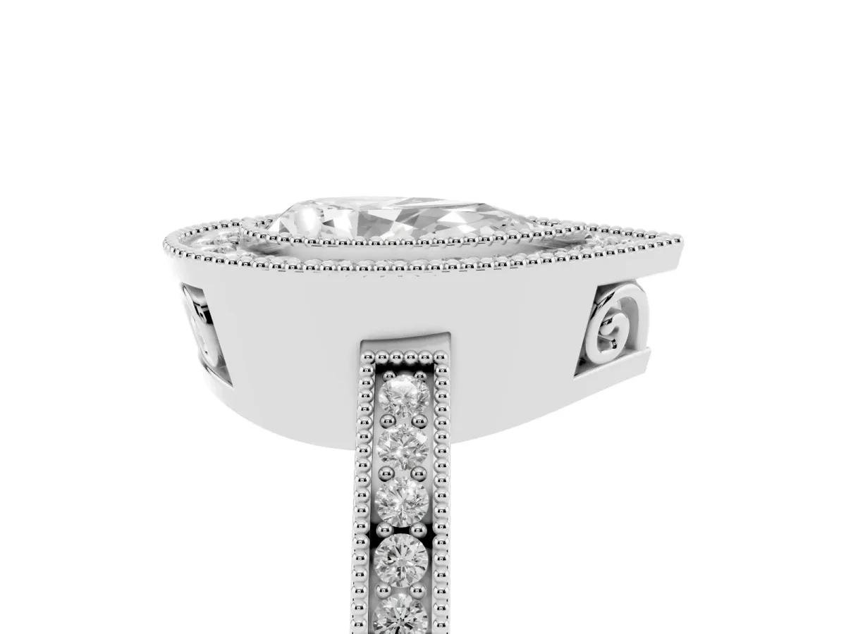 Pear Cut Cut Halo Diamond Ring with Pavé Band and Milgrain Prong Setting Silver
