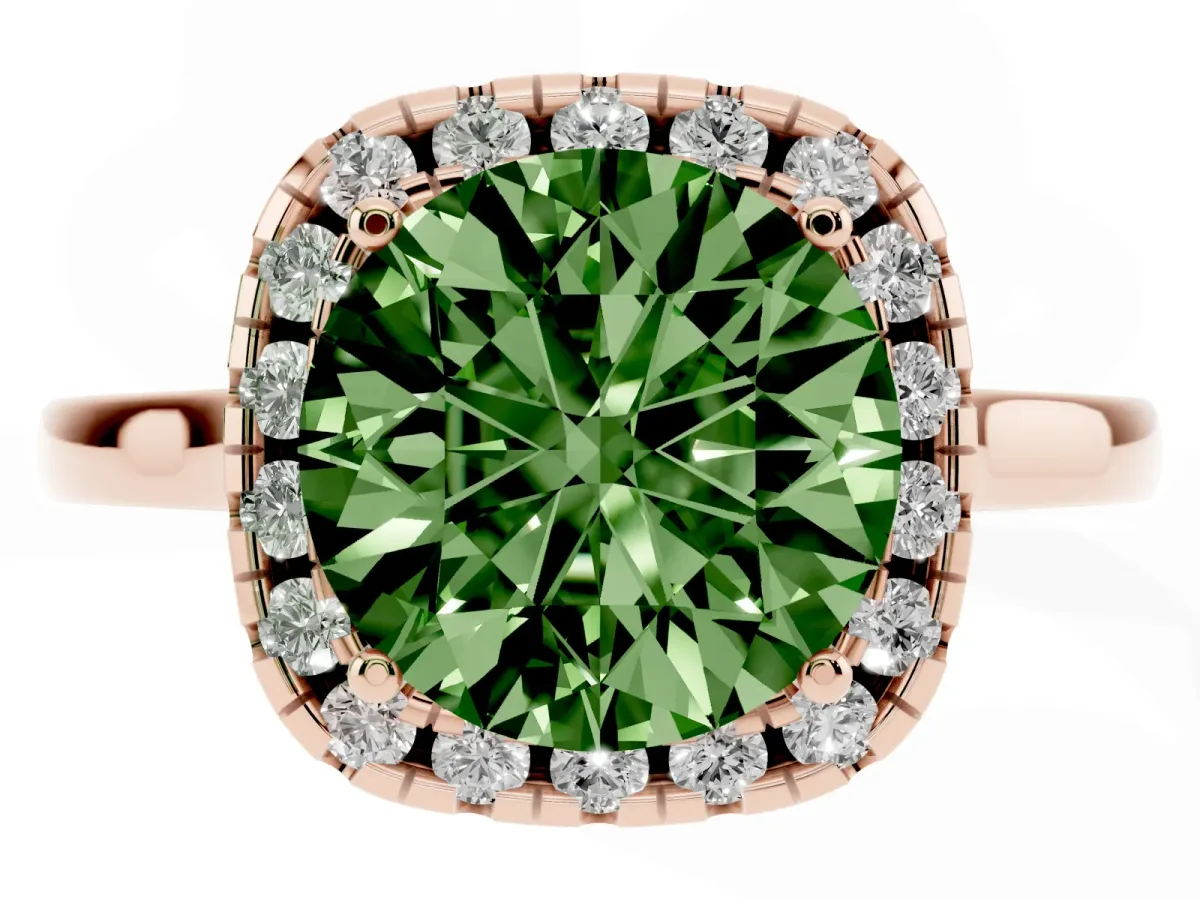 Fancy Green Round Cut Halo Round Diamond Solitaire Ring with Pavé Band and Four-Prong Setting Rose gold