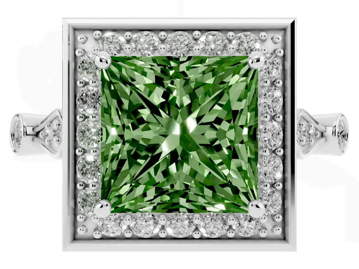 Fancy Green Princess Cut Halo Diamond Engagement Ring with Twisted Band and Four-Prong Setting White gold