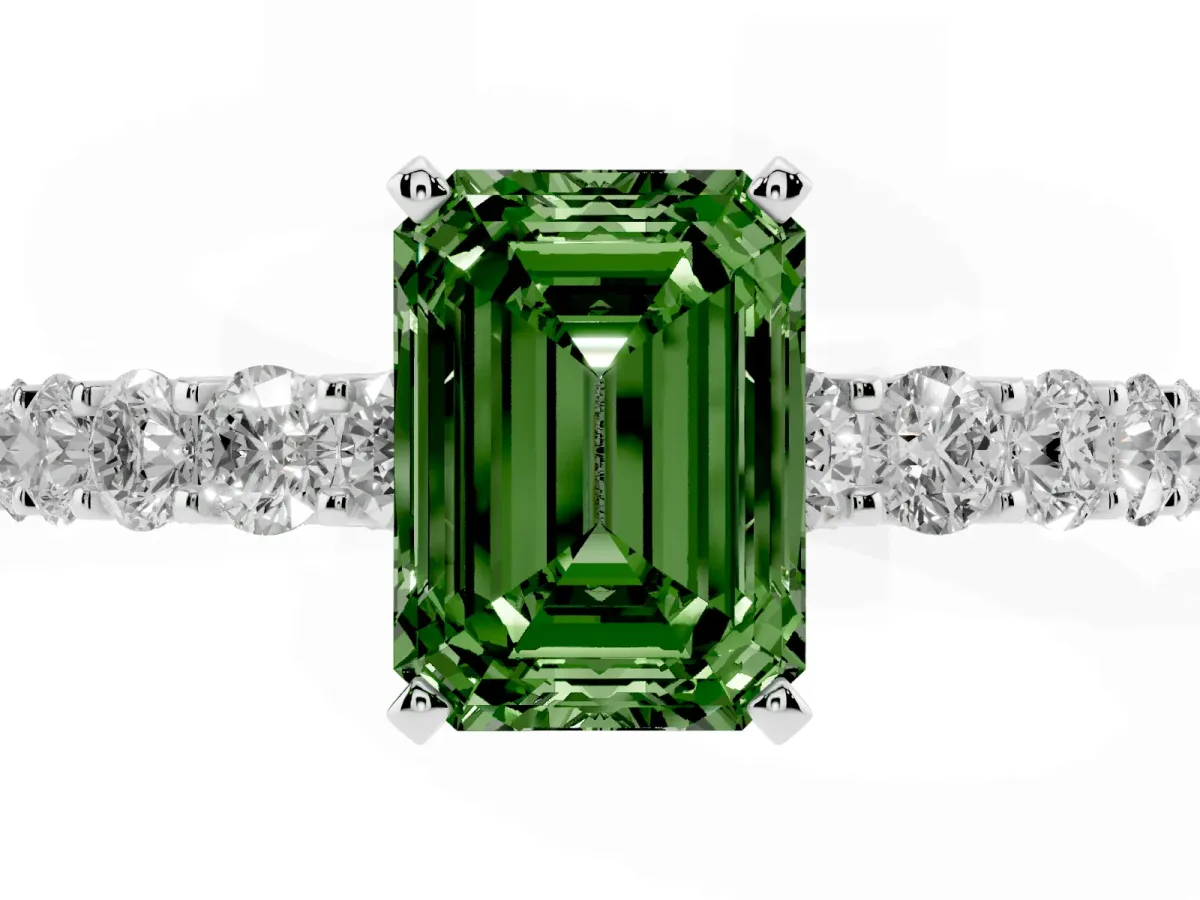 Fancy Green Emerald Cut Diamond Solitaire Ring with Shared Prong Pavé Band and Four-Prong Setting Silver