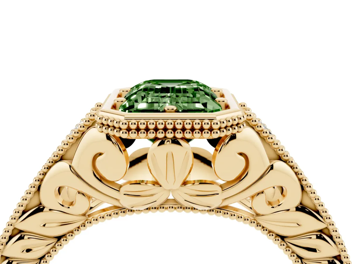 Fancy Green Bezel Set Emerald Cut Diamond Milgrain Pave Engagement Ring Yellow gold