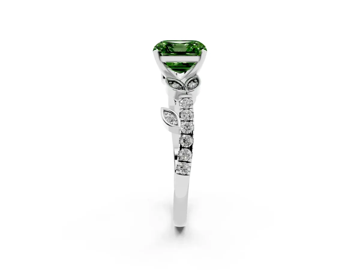 Fancy Green Asscher Cut Solitaire Leaf-Inspired Diamond Ring with Pavé Band and Four-Prong Setting White gold