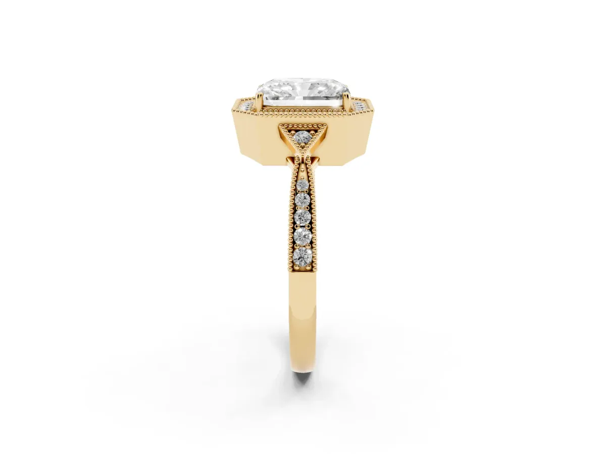 Radiant Cut Halo Round Diamond Milgrain Pave Engagement Ring Yellow gold