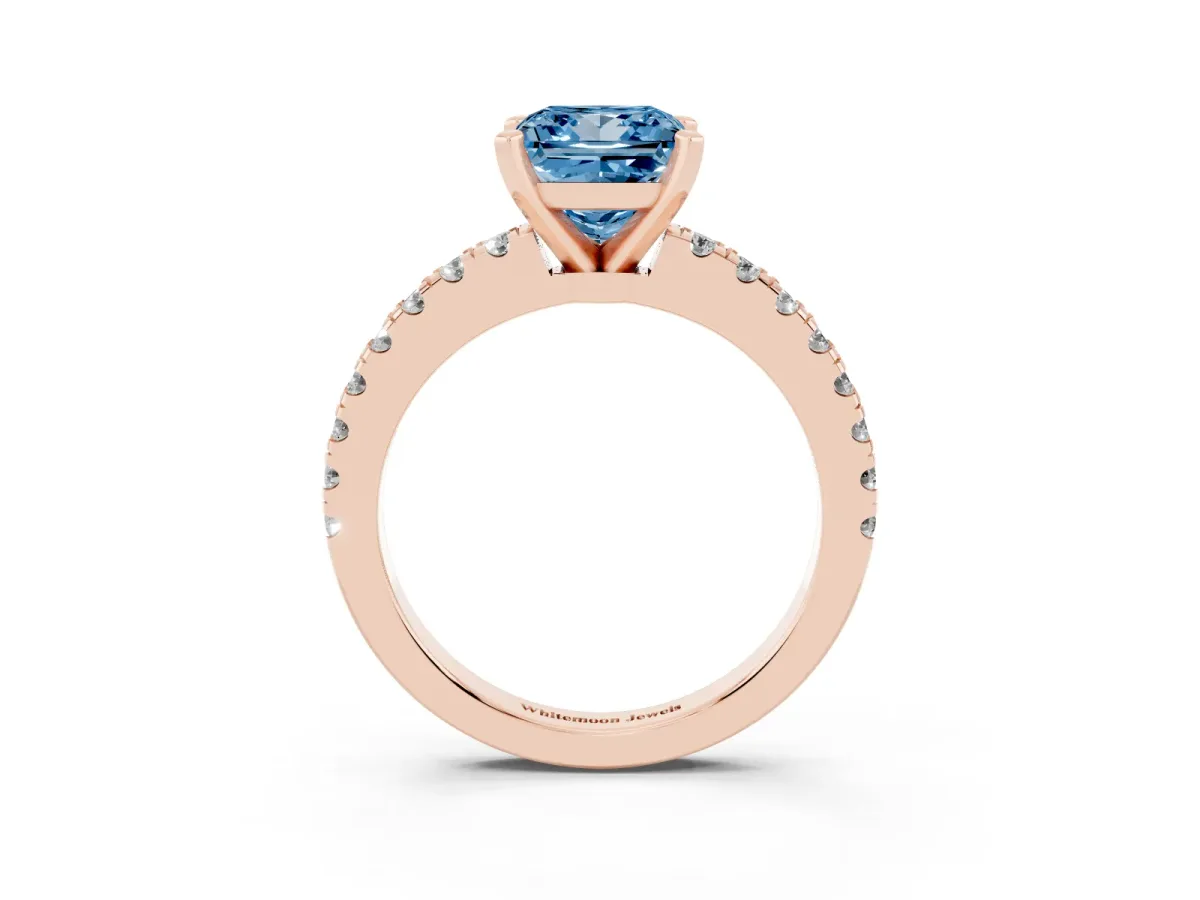 Fancy Blue Princess Cut Solitaire Diamond with Pavé Band and Four-Prong Setting Rose gold