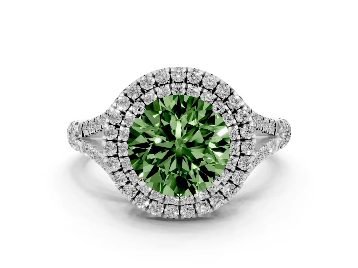 Fancy Green Double Halo Round Cut Diamond Split Shank Engagement Ring with Four-Prong Setting Platinum