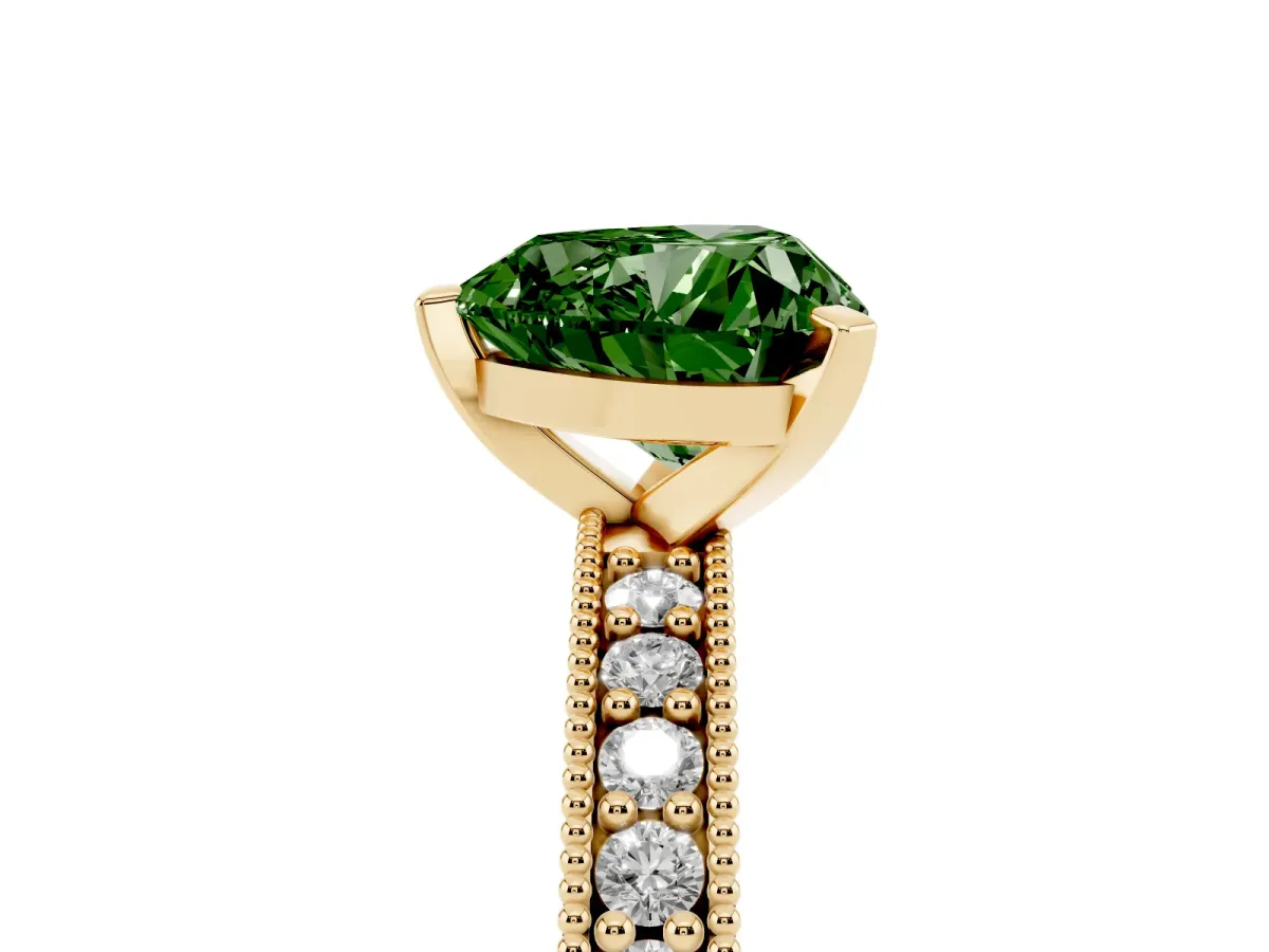 Fancy Green Heart Cut Diamond Milgrain Pavé Engagement Ring with Four-Prong Setting Yellow gold