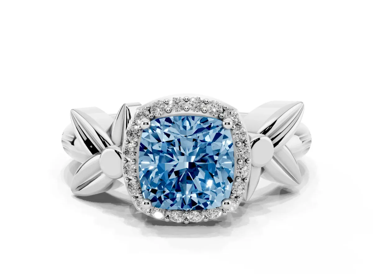 Fancy Blue Cushion Cut Halo Diamond Floral Band with Four-Prong Setting Silver