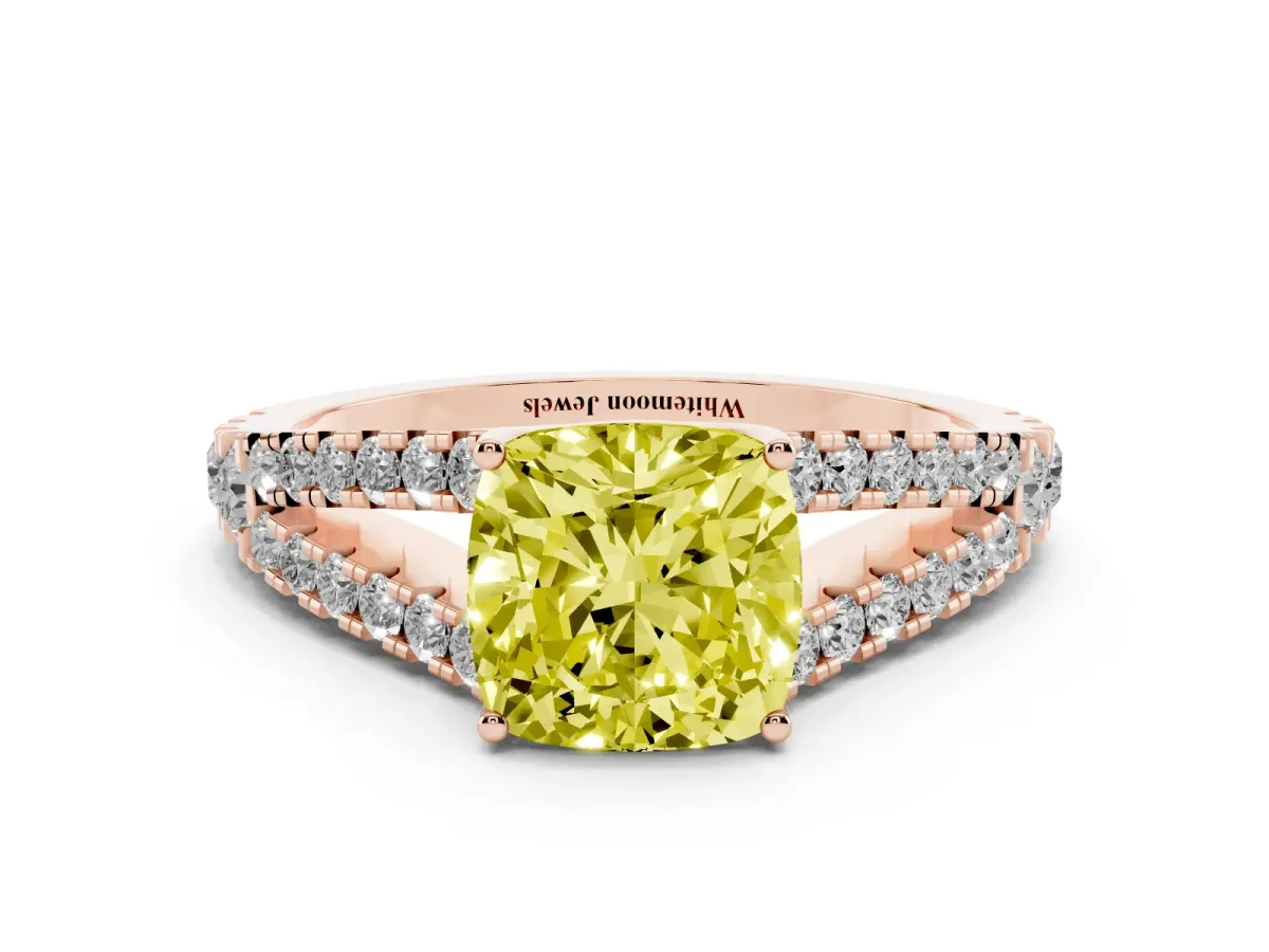 Fancy Yellow Cushion Cut Diamond Split Shank Engagement Ring with Round Pavé and Prong Setting Rose gold
