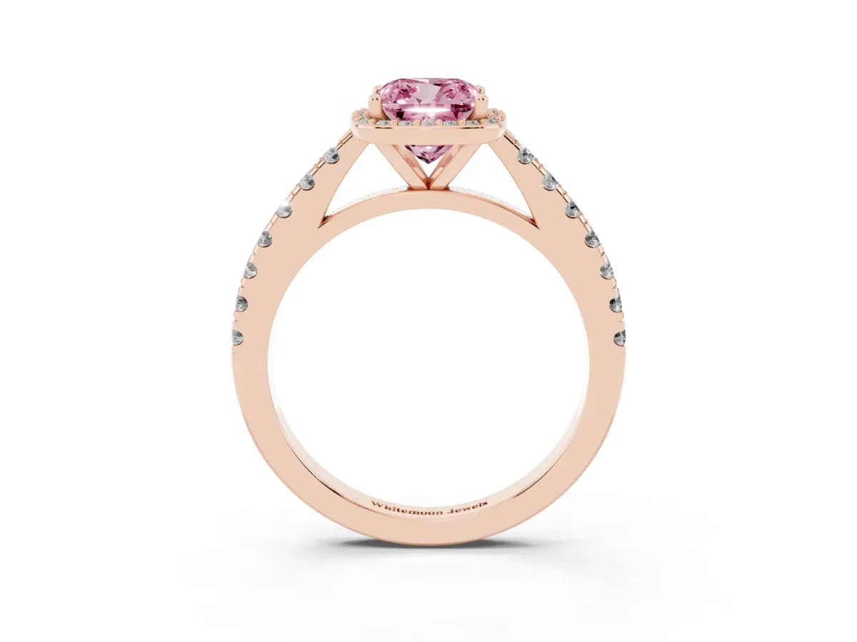 Fancy Pink Cushion Cut Cut Halo Diamond Engagement Ring with Pave Band and Four-Prong Setting Rose gold