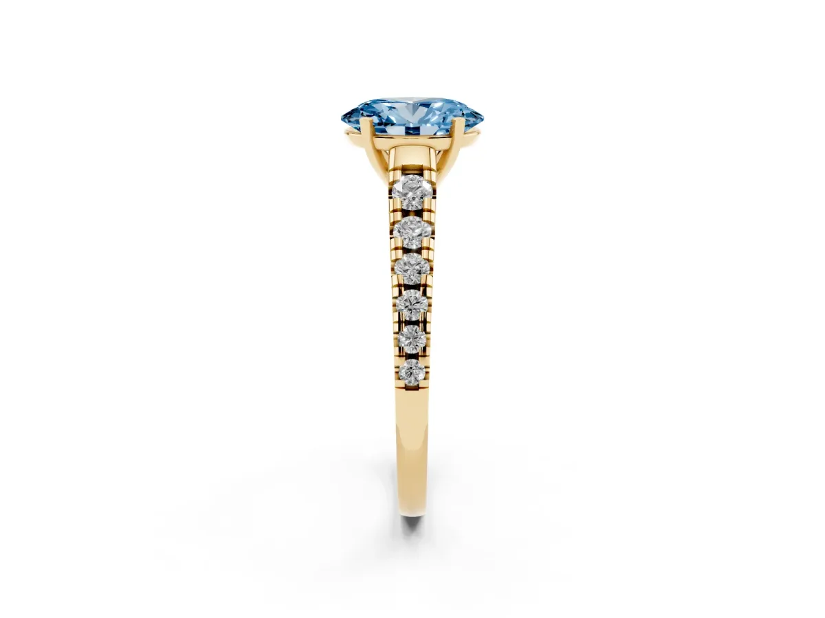 Fancy Blue Oval Cut Diamond Cathedral Solitaire Ring with Round Pavé Band Yellow gold