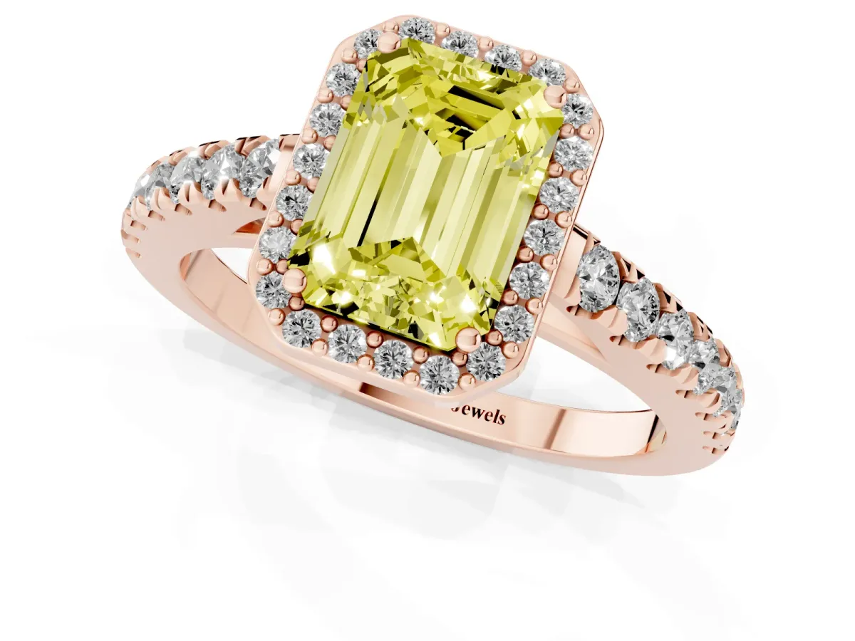 Fancy Yellow Emerald Cut Cut Halo Diamond Engagement Ring with Pave Band and Four-Prong Setting Rose gold