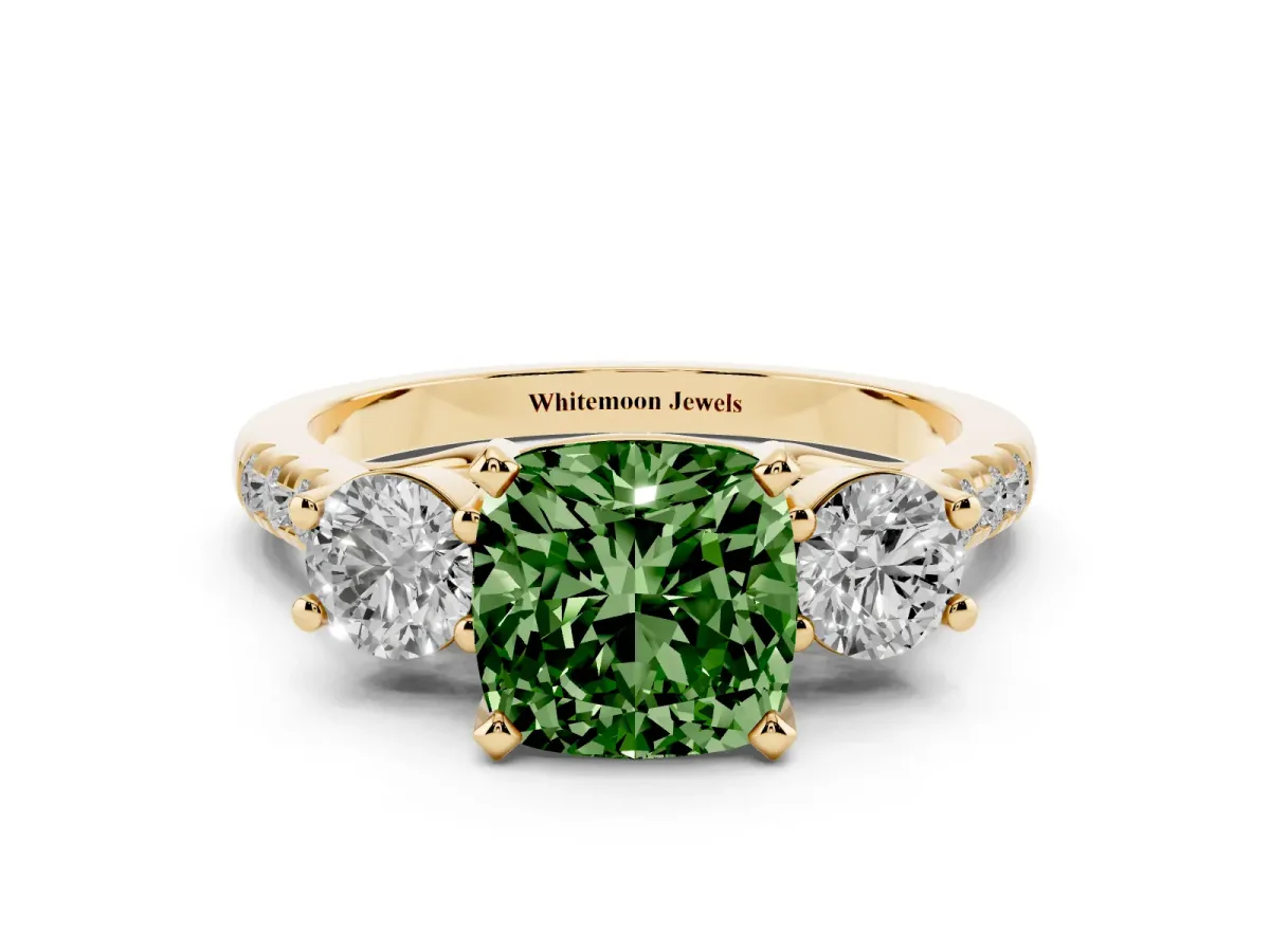 Fancy Green Three-Stone Cushion Cut Diamond Pavé Band with Four-Prong Setting Yellow gold