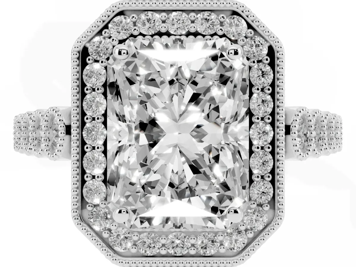 Radiant Cut Halo Milgrain Solitaire with Bezel Set Side Stones and Pave Band Platinum