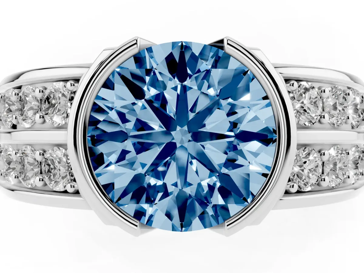 Fancy Blue Round Cut Brilliant Diamond Channel Set Wide Band Ring with Bezel Setting Platinum