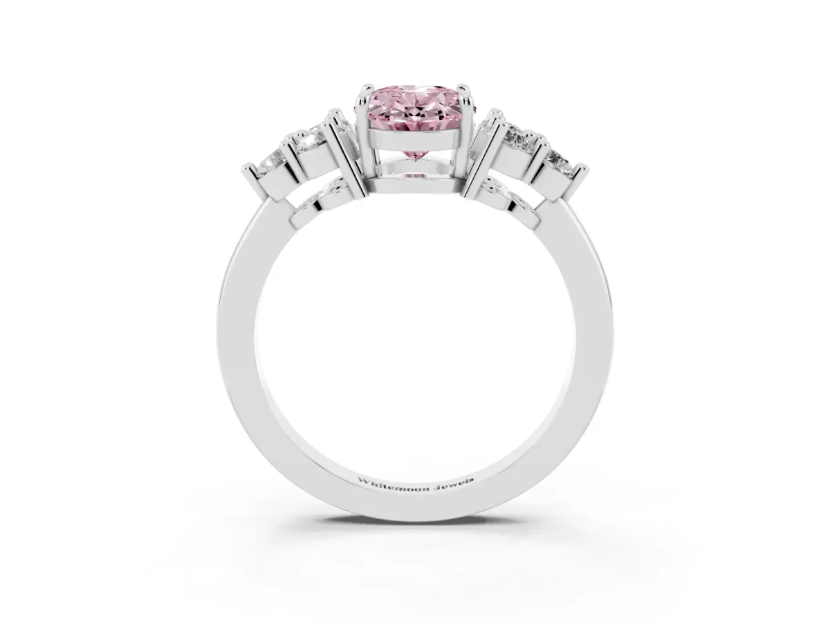 Fancy Pink Oval Cut Brilliant Diamond Cluster Accent Solitaire Ring with Prong Setting Platinum