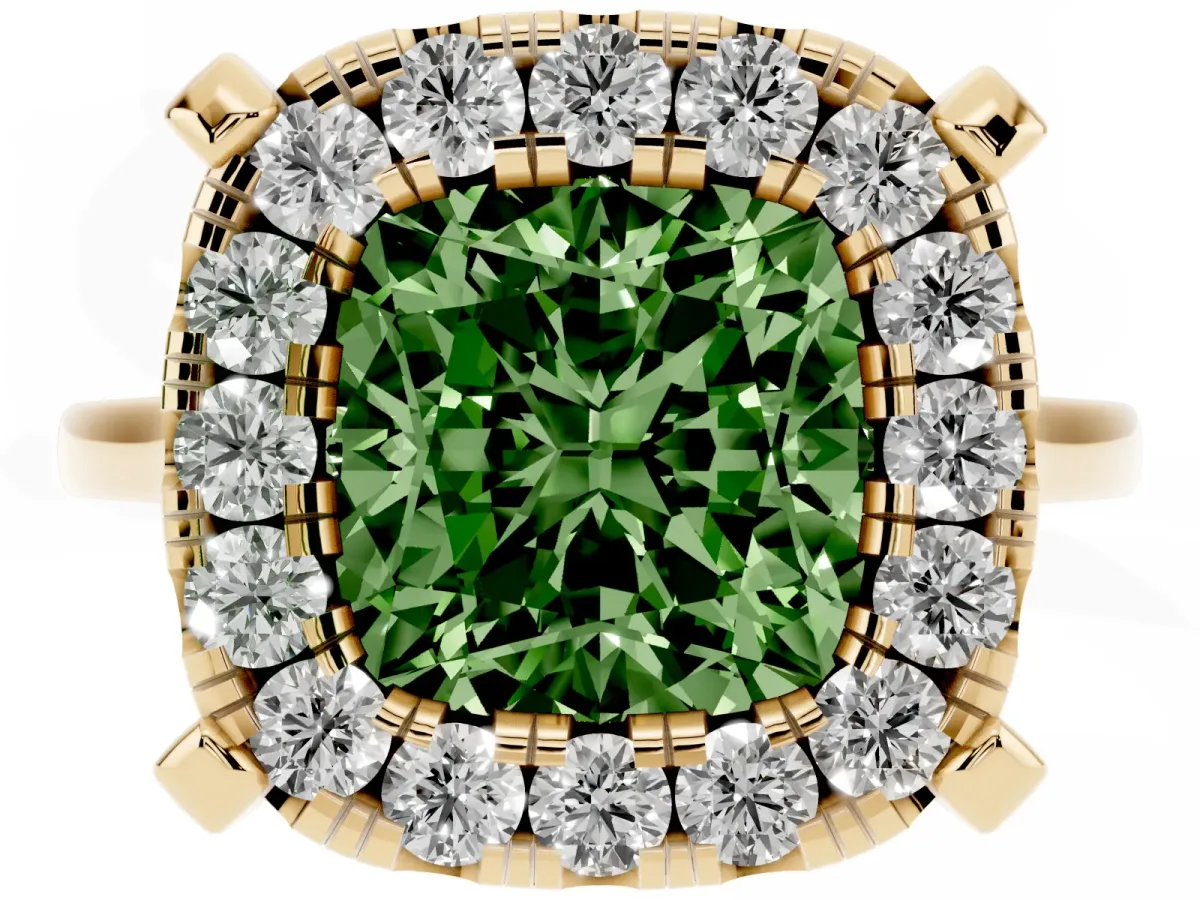 Fancy Green Cushion Cut Diamond Cluster Halo Solitaire with Four-Prong Setting Yellow gold
