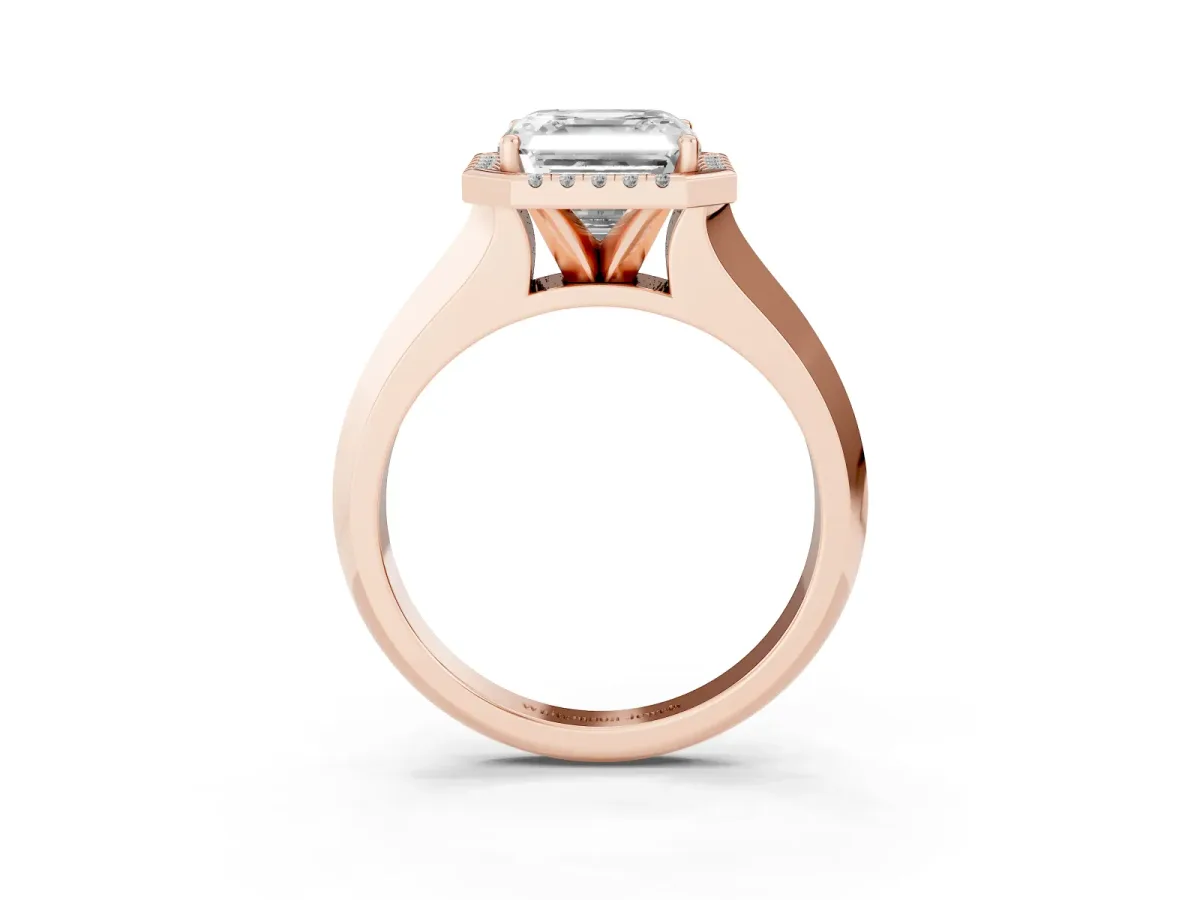 Asscher Cut Halo Diamond Ring with Cathedral Band and Four-Prong Setting Rose gold