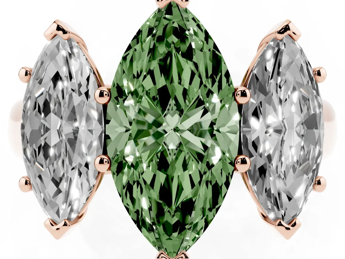 Fancy Green Marquise Cut Three-Stone Diamond Ring with Prong Setting on a Classic Band Rose gold
