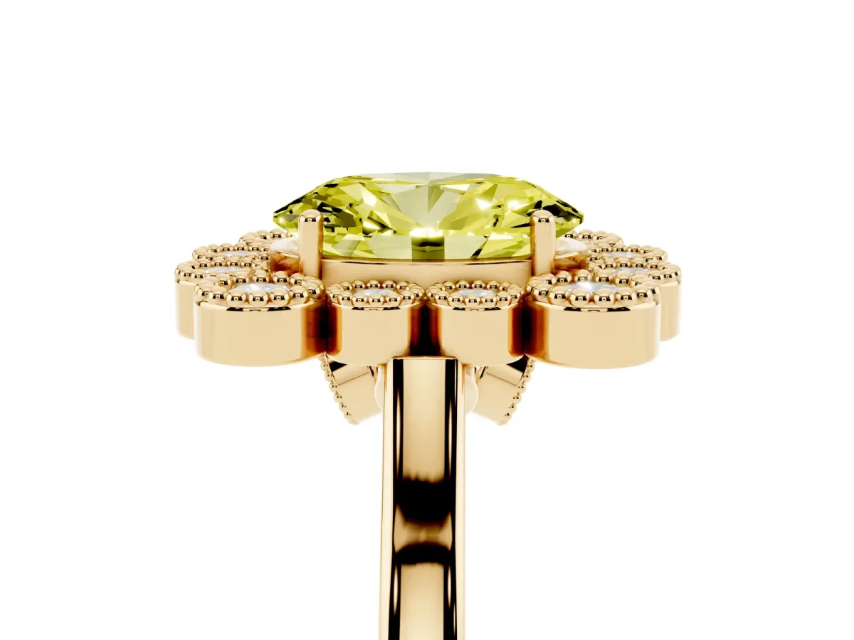 Fancy Yellow Oval Cut Halo Diamond Cluster Engagement Ring with Milgrain Bezel Setting and Solitaire Band Yellow gold