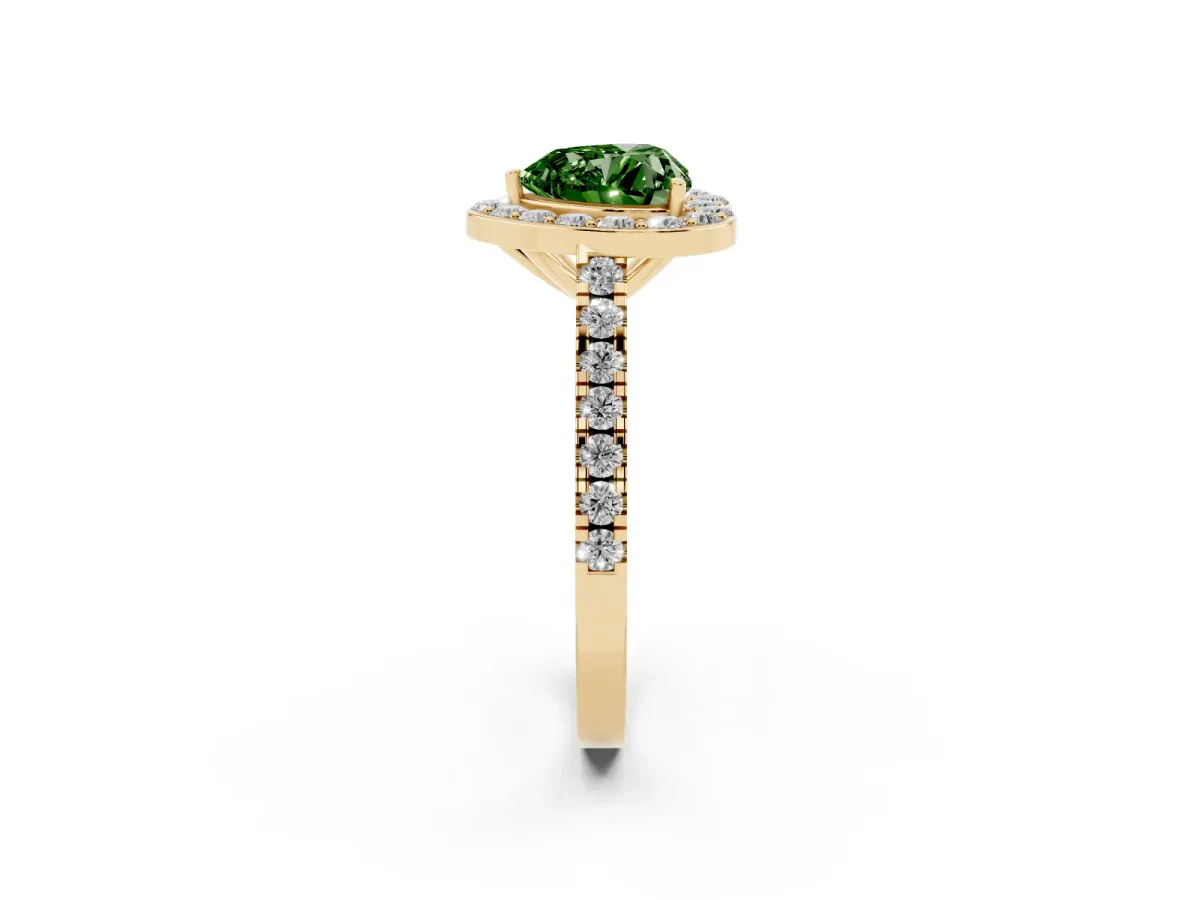 Fancy Green Heart Cut Diamond Halo Ring with Round Pavé Split Shank and Prong Setting Yellow gold
